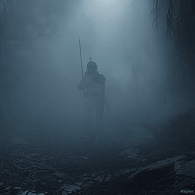 Silhouette Holding Spear In Foggy Forest Kepler GIF