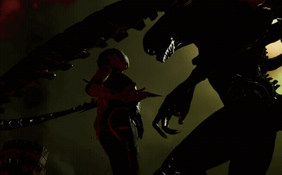 Silhouette Holding Sword Next To Monster GIF