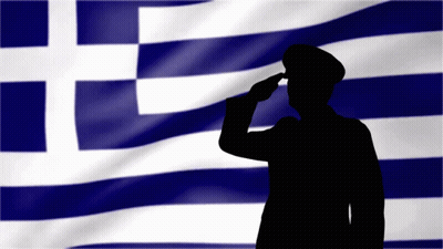 Silhouette Man Saluting In Front Of Blue And White Flag GIF