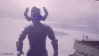 Silhouette Of Giant Robot With Horns In Front Of Building GIF