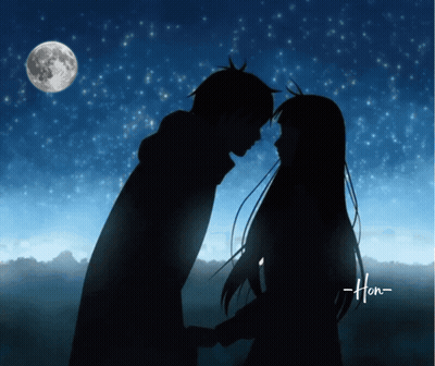Silhouette Of Man And Woman Holding Hands Under Moon GIF