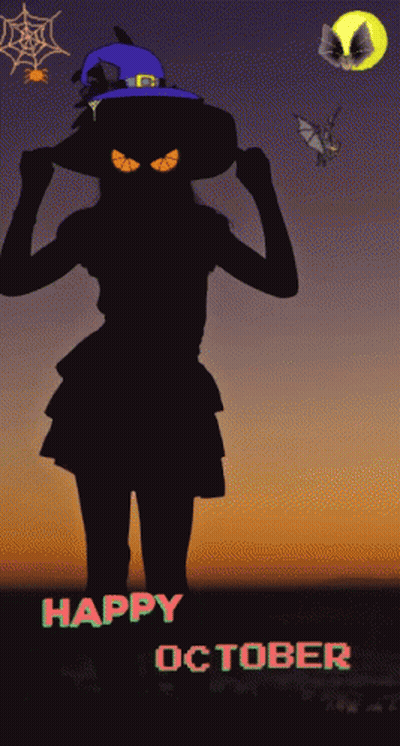 Silhouette Of Woman In Witch Costume Happy October GIF