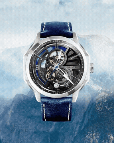 Silver And Black Watch With Blue Leather Band Says Platine GIF