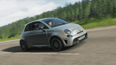 Coche plateado con Abarth bajando la carretera GIF