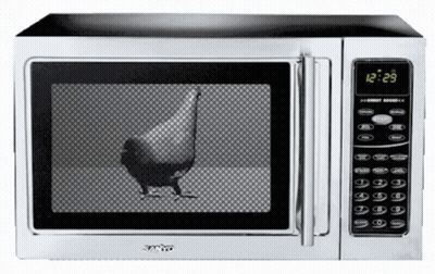 Silver Sanyo Microwave With Chicken Sticking Head Out GIF