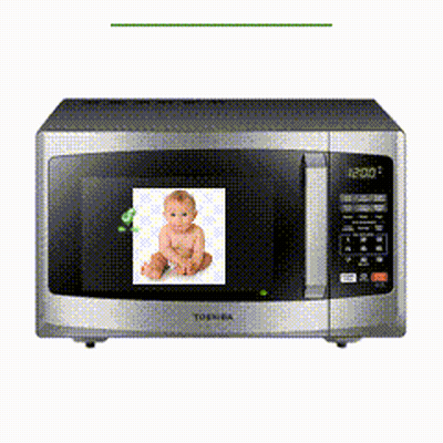 Silver Toshiba Microwave With Baby On Screen GIF