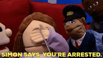 Simon Says You're Arrested With Puppet And Scissors GIF