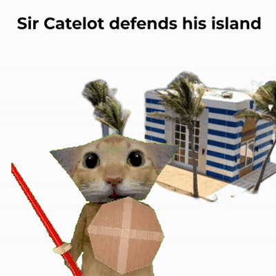 Sir Catelot Defends His Island Cat Holding Sword And Shield GIF