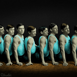 Sitting Men Bumping Heads Domino Chain Reaction GIF