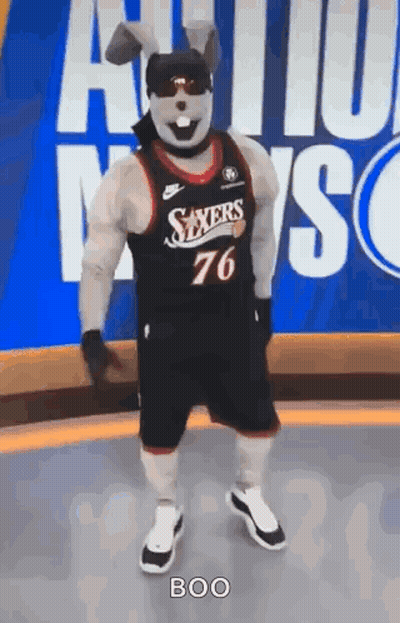 Sixers Mascot in Bunny Mask on Basketball Court