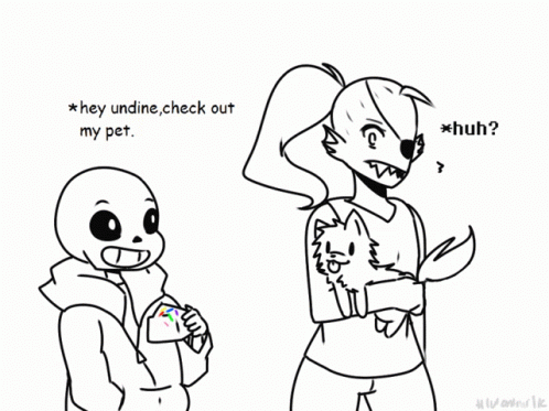 Skeleton And Girl With Dog Asking If Pet Is Rock GIF