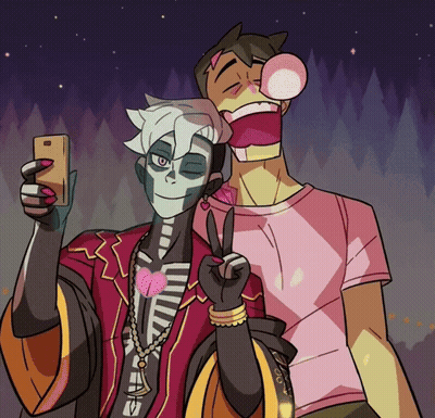 Skeleton And Man Blowing Bubblegum GIF