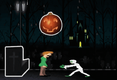 Skeleton and Pumpkin With Castle Background