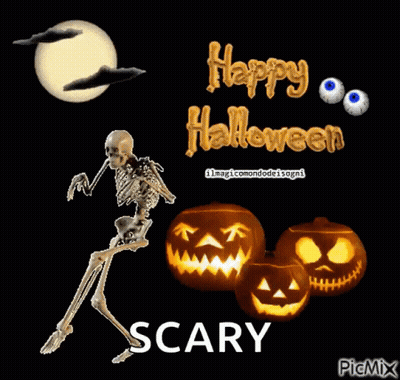 Skeleton And Pumpkins Saying Happy Halloween Scary GIF