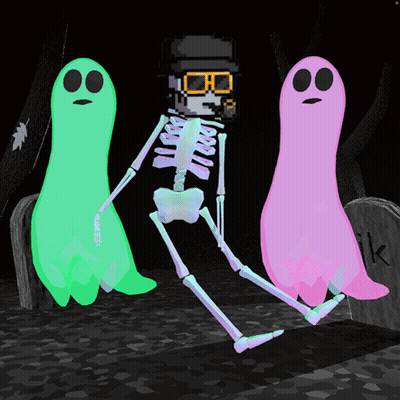 Skeleton And Two Ghosts With Letter K On Gravestone GIF
