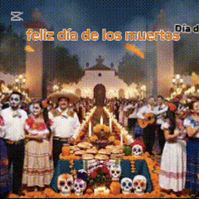 Skeleton Costumes With Feliz Día De Los Muertos Poster GIF