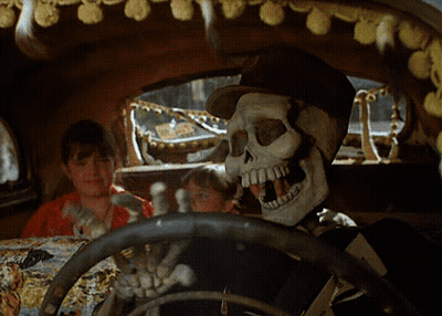 Skeleton Driving Car With Two Children GIF