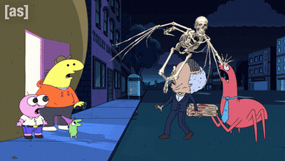 Skeleton Flying Over Man Carrying Pizza GIF