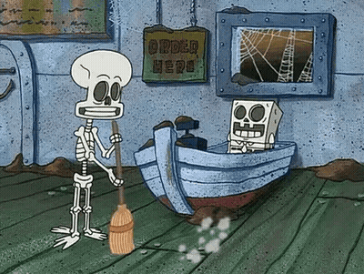 Skeleton Holding Broom Next To Boat Saying Order Here GIF