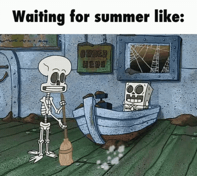 Skeleton Holding Broom Next To Boat With Sign Saying Order Here GIF