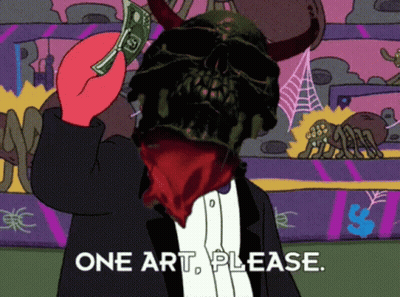 Skeleton Holding Dollar Bill Saying One Art Please GIF