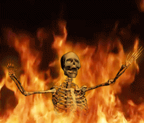 Skeleton Holding Fork In Front Of Flames GIF