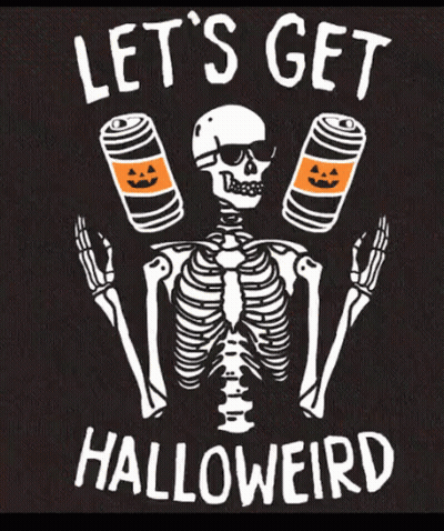 Skeleton Holding Pumpkin Cans Says Let's Get Halloweird GIF