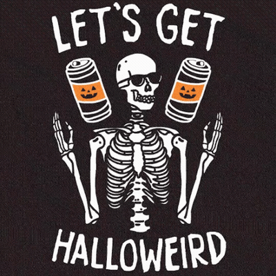 Skeleton Holding Pumpkin Cans Says Let's Get Halloweird GIF