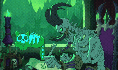 Skeleton Holding Sword And Green Cat With Skull GIF
