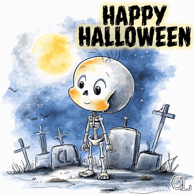 Skeleton In Cemetery Saying Happy Halloween GIF