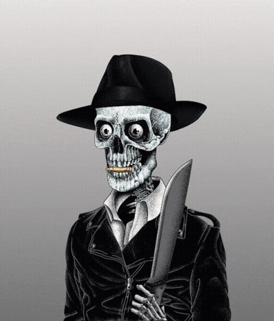 Skeleton In Hat And Jacket Holding Knife GIF