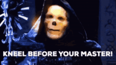 Skeleton In Hooded Robe Holding Cane Says Kneel Before Your Master GIF