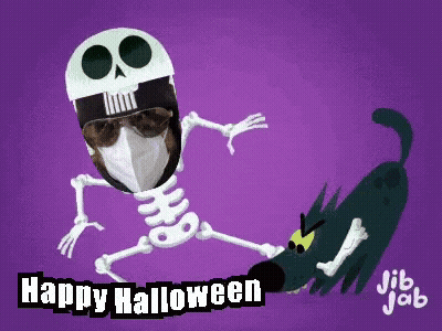 Skeleton In Mask And Sunglasses Next To Dog Happy Halloween GIF