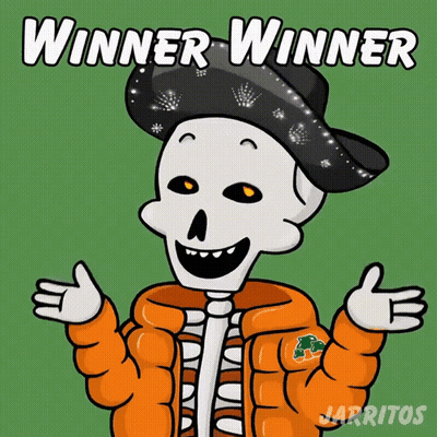Skeleton In Orange Jacket And Black Hat Winner GIF