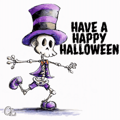 Skeleton in Purple Top Hat Saying Have a Happy Halloween