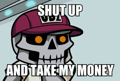 Skeleton In Red Hat Saying Shut Up And Take My Money GIF