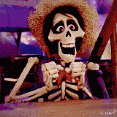 Skeleton In Straw Hat And Bow Tie Sitting On Table GIF
