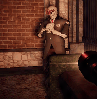 Skeleton In Suit Standing Next To Green Box GIF