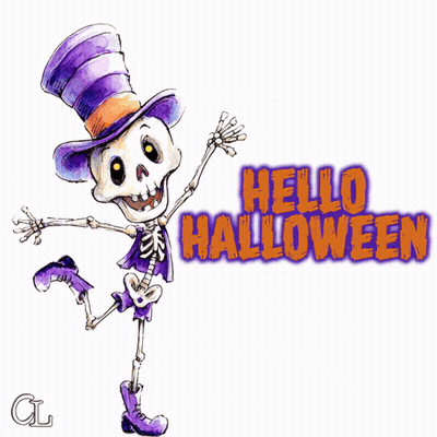 Skeleton In Top Hat And Purple Boots Saying Hello Halloween GIF