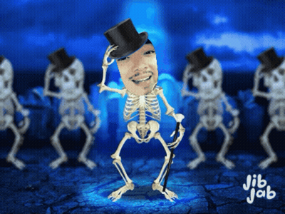 Skeleton In Top Hat Holding Cane GIF
