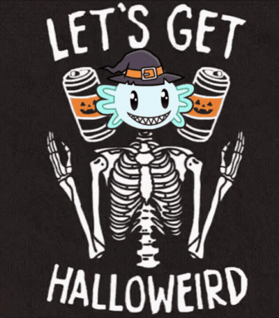 Skeleton In Witch Hat Holding Soda Says Let's Get Halloweird GIF