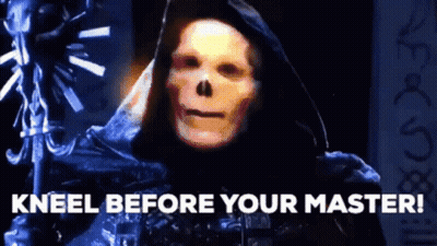 Skeleton Kneeling Before Sign Saying Kneel Before Your Master GIF