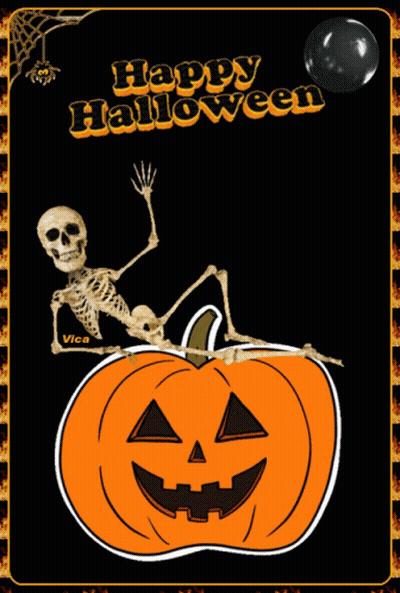 Skeleton Laying On Orange Pumpkin Saying Happy Halloween GIF