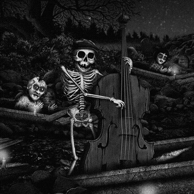 Skeleton Playing Double Bass In Cemetery GIF