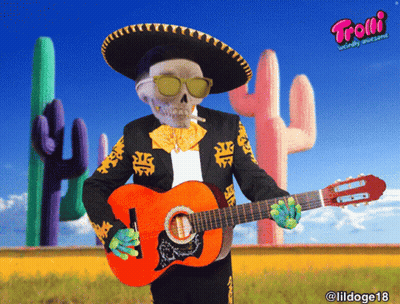 Skeleton Playing Guitar with Trolli