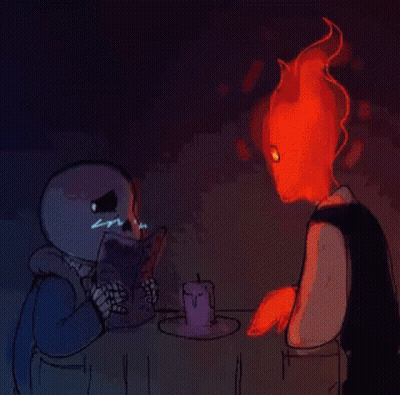 Skeleton Reading Menu Next to Fire Monster