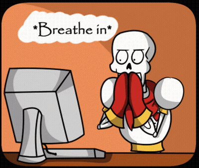 Skeleton Sitting At Computer Saying Breathe In GIF
