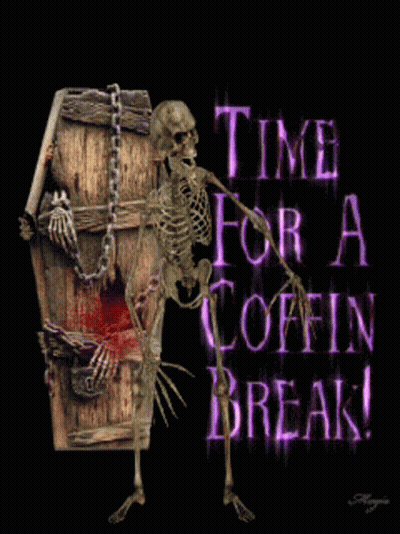 Skeleton Sitting In Coffin With RIP GIF