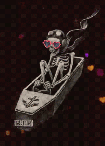 Skeleton Sitting In Coffin With RIP GIF