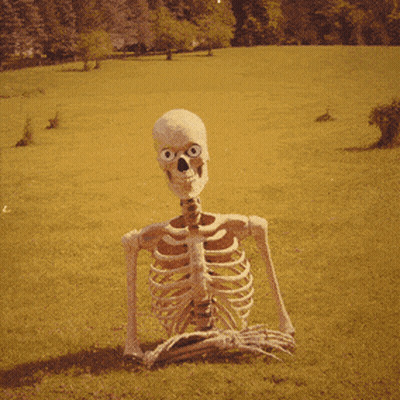 Skeleton Sitting In Grass Saying Well GIF